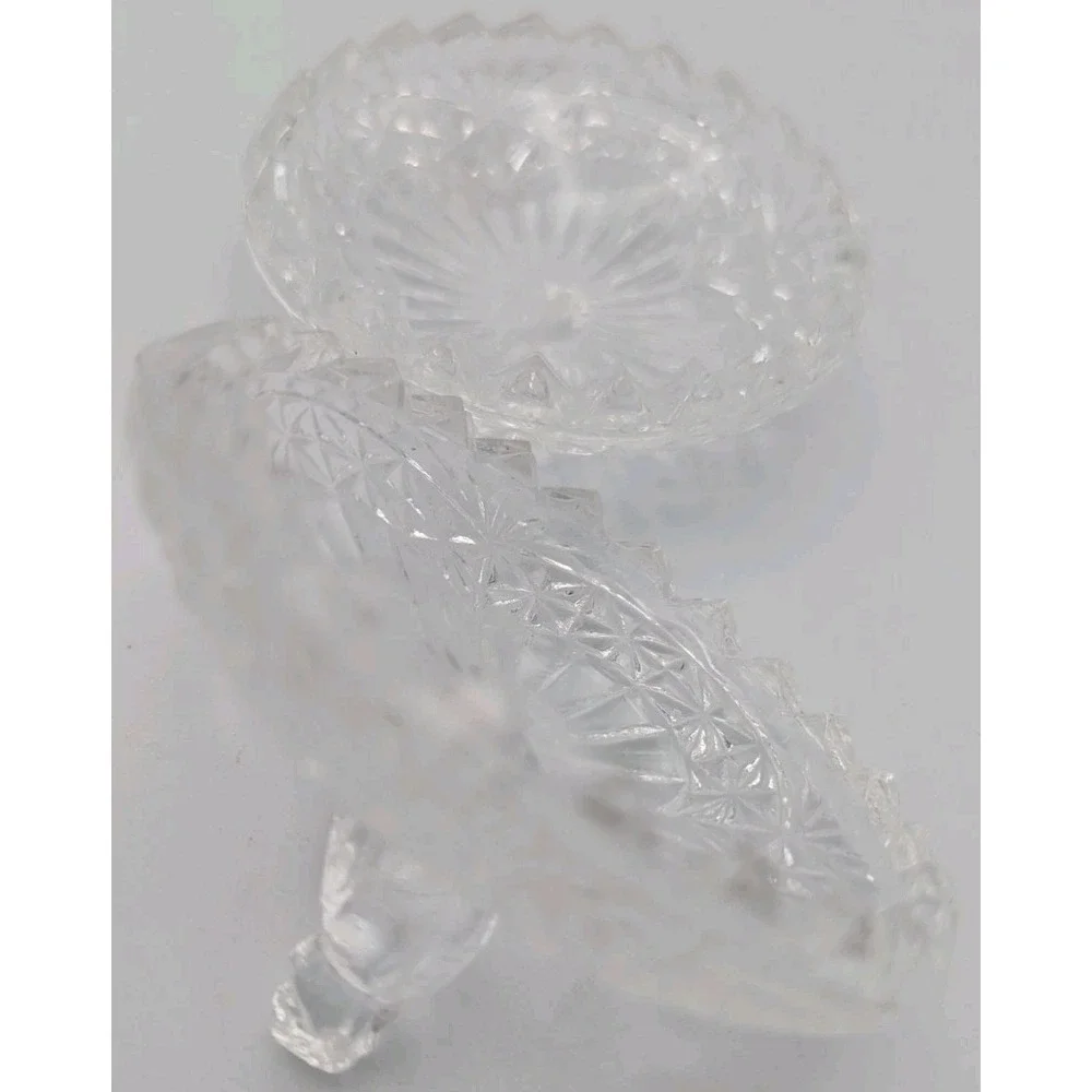 Vintage Crystal Clear Trinket Ring Dish with Bird Lid‎ Tiny Pressed Glass